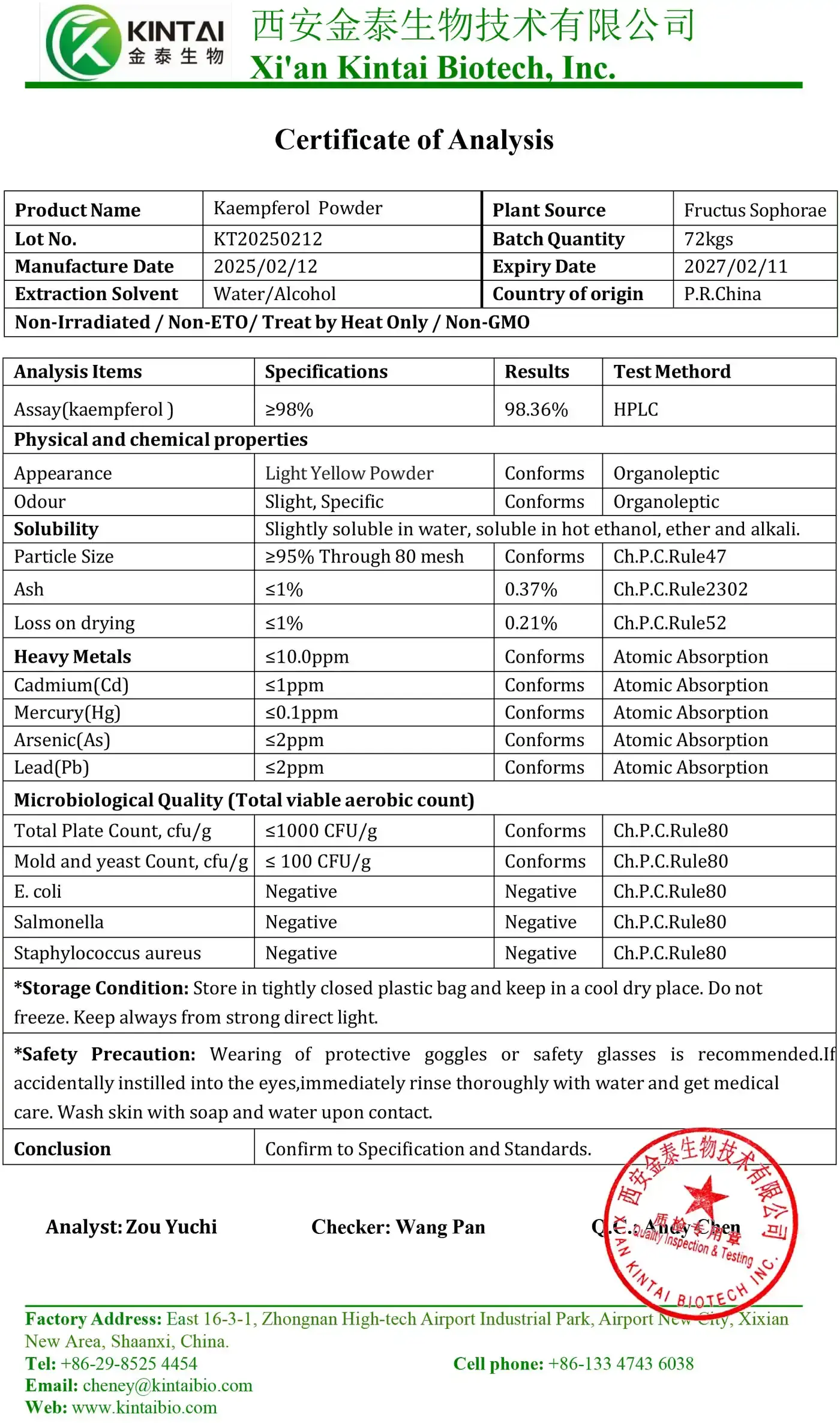 KINTAI Kaempferol Powder COA KINTAI Kaempferol Powder COA